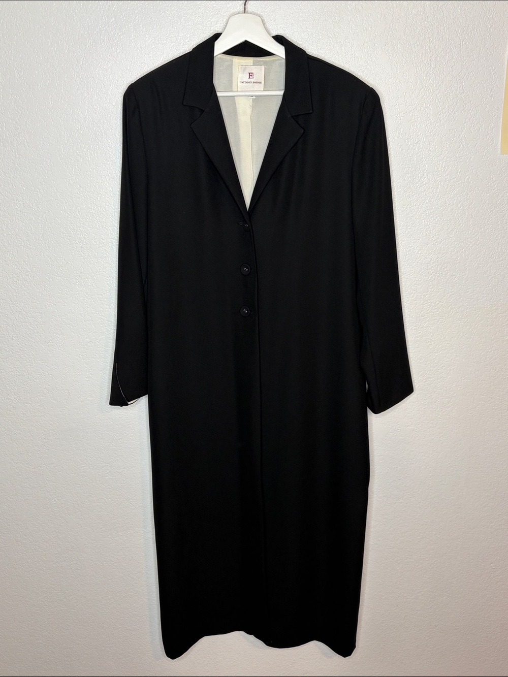 Fattaneh Bahari Black Satin Lined 3 Button Duster Blazer Size 16 Vintage Chic